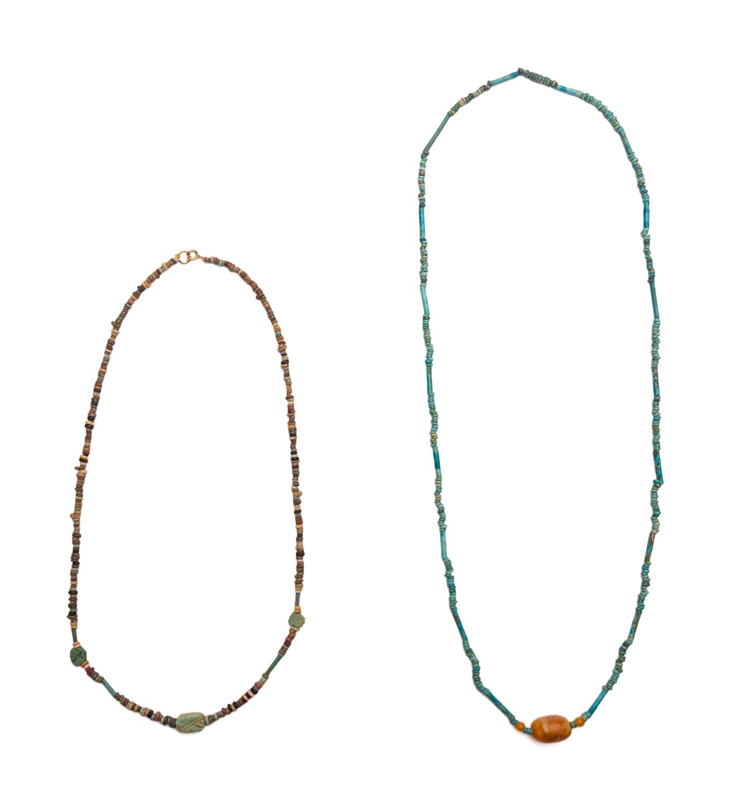 Two Egyptian Carnelian, Bead, and Faience Necklaces