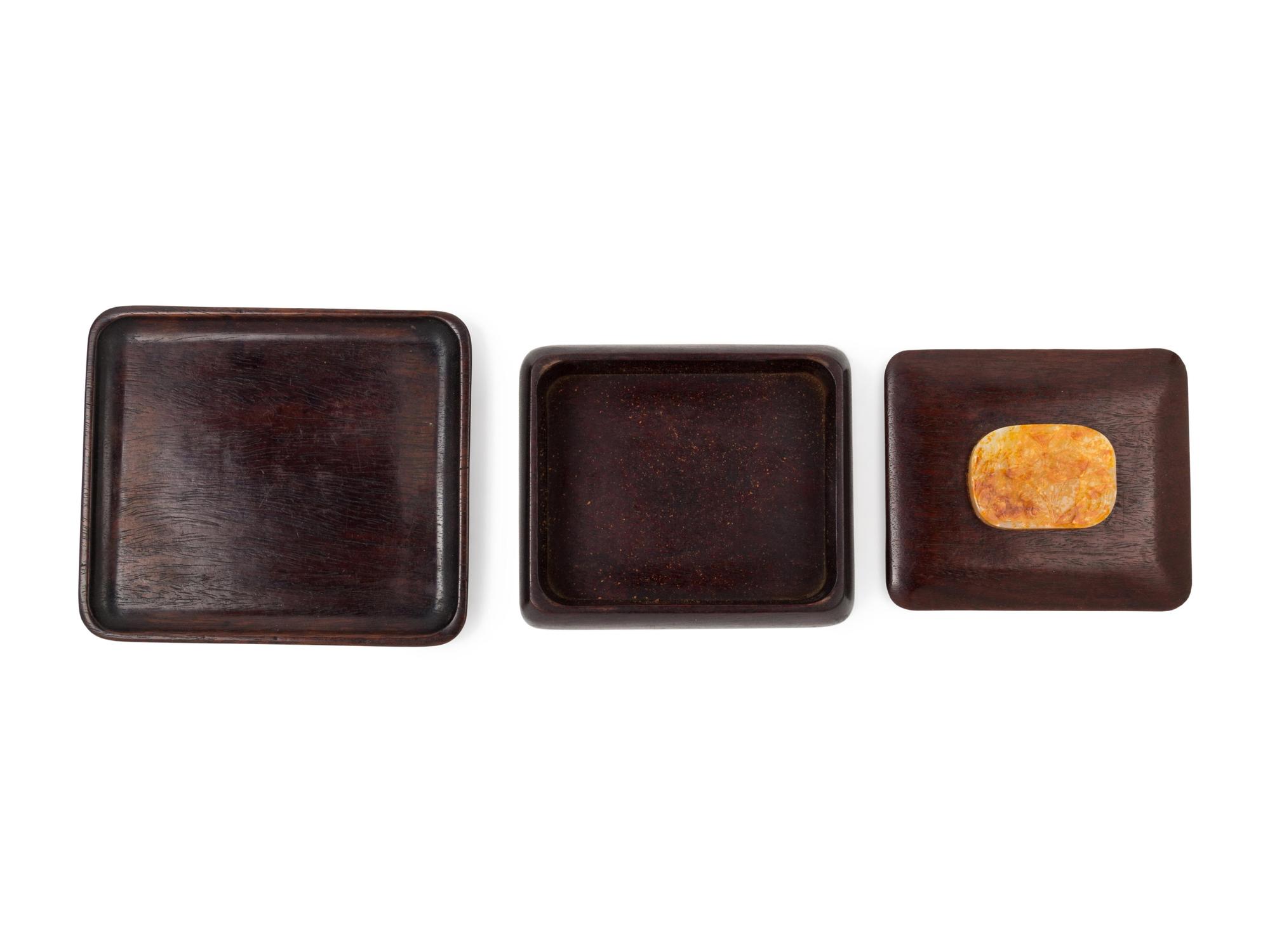 A Chinese Jade Inset Hardwood Box and Tray