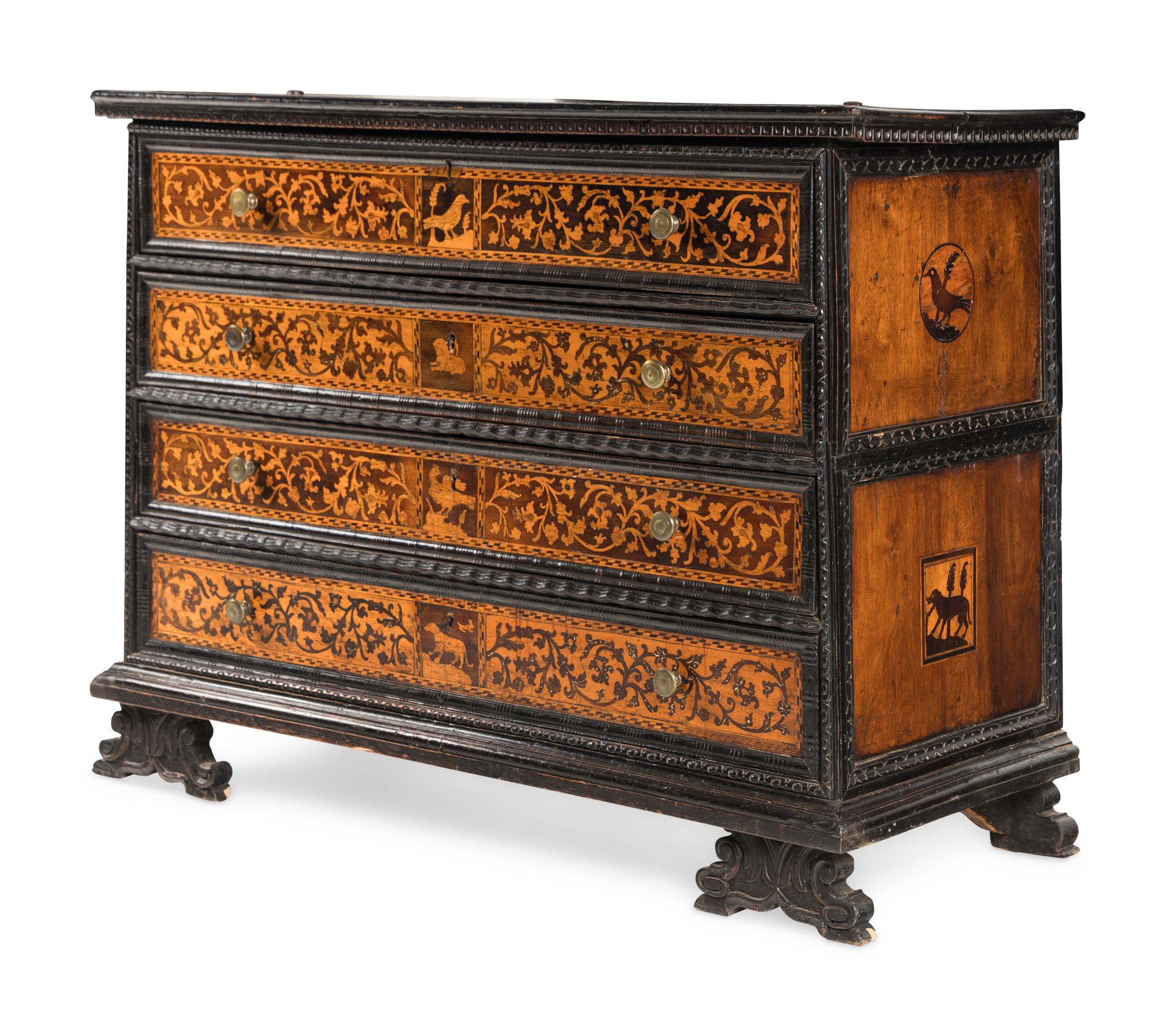 An Italian Baroque Marquetry and Part-Ebonized Bureau Chest