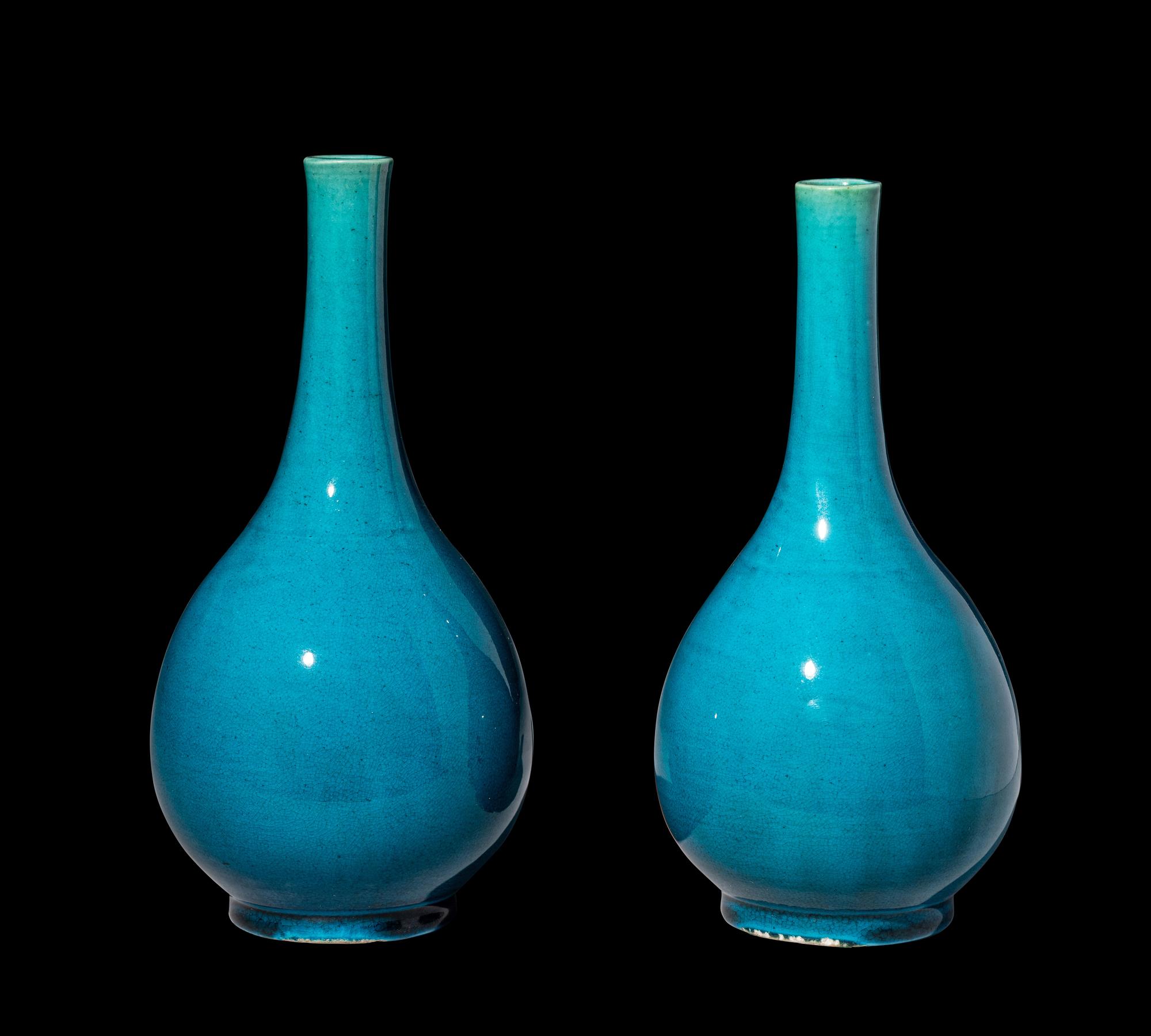 A Pair of Chinese Turquoise Glazed Porcelain Bottle Vases