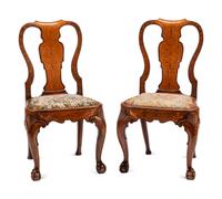A Pair of Queen Anne Burl Walnut and Marquetry Side Chairs