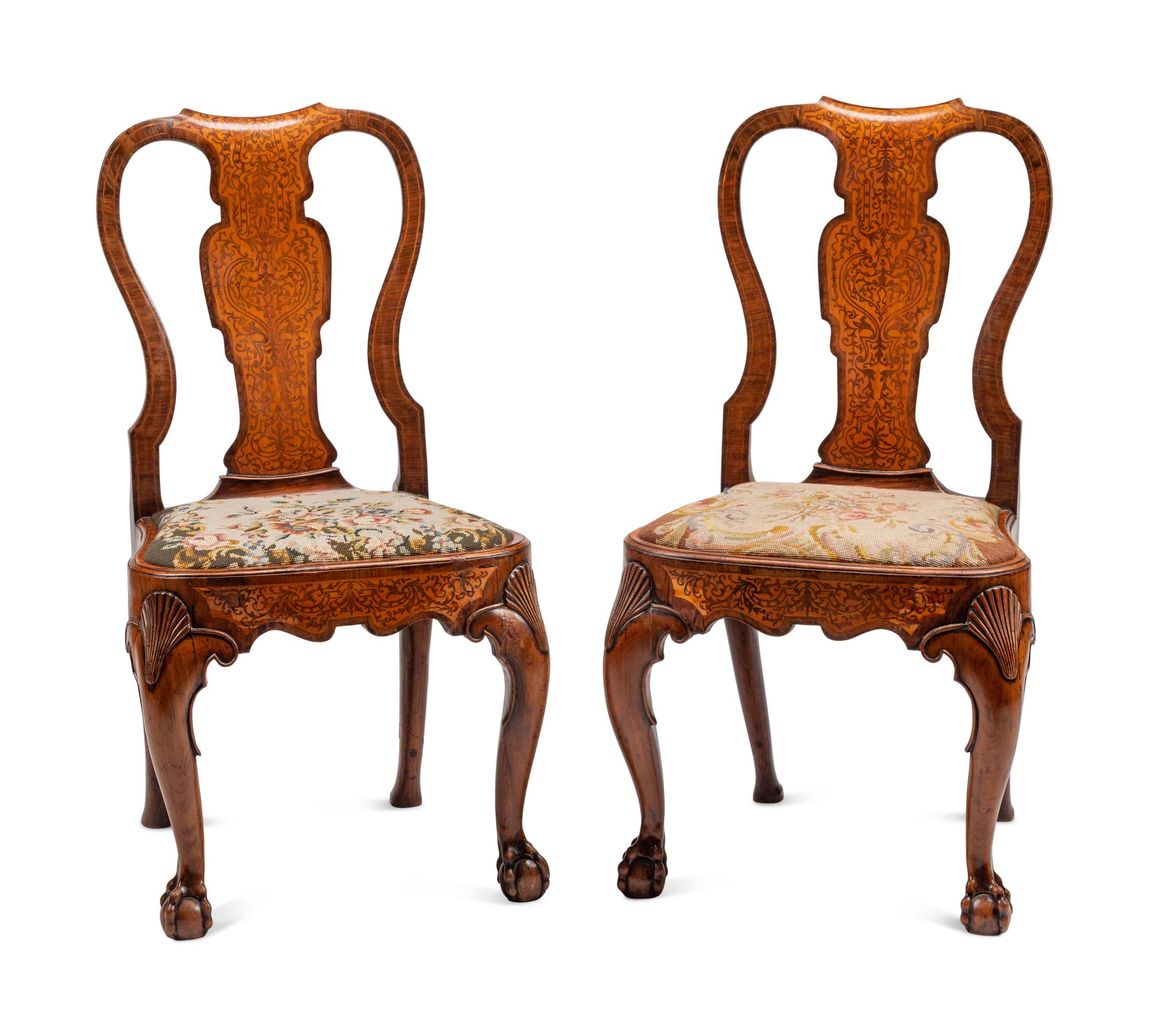 A Pair of Queen Anne Burl Walnut and Marquetry Side Chairs