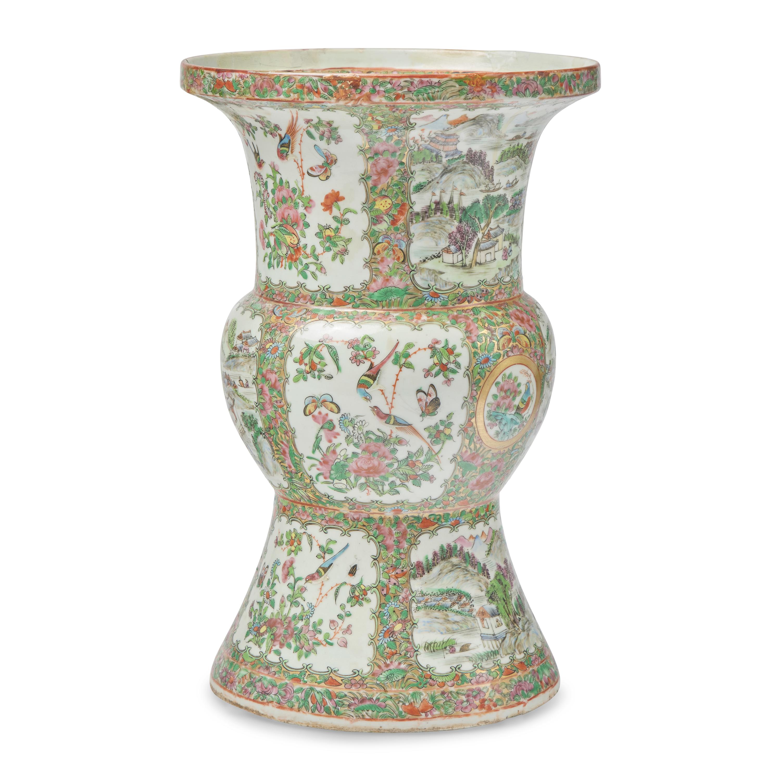 A Chinese Export Porcelain Rose Medallion Gu-Form Vase