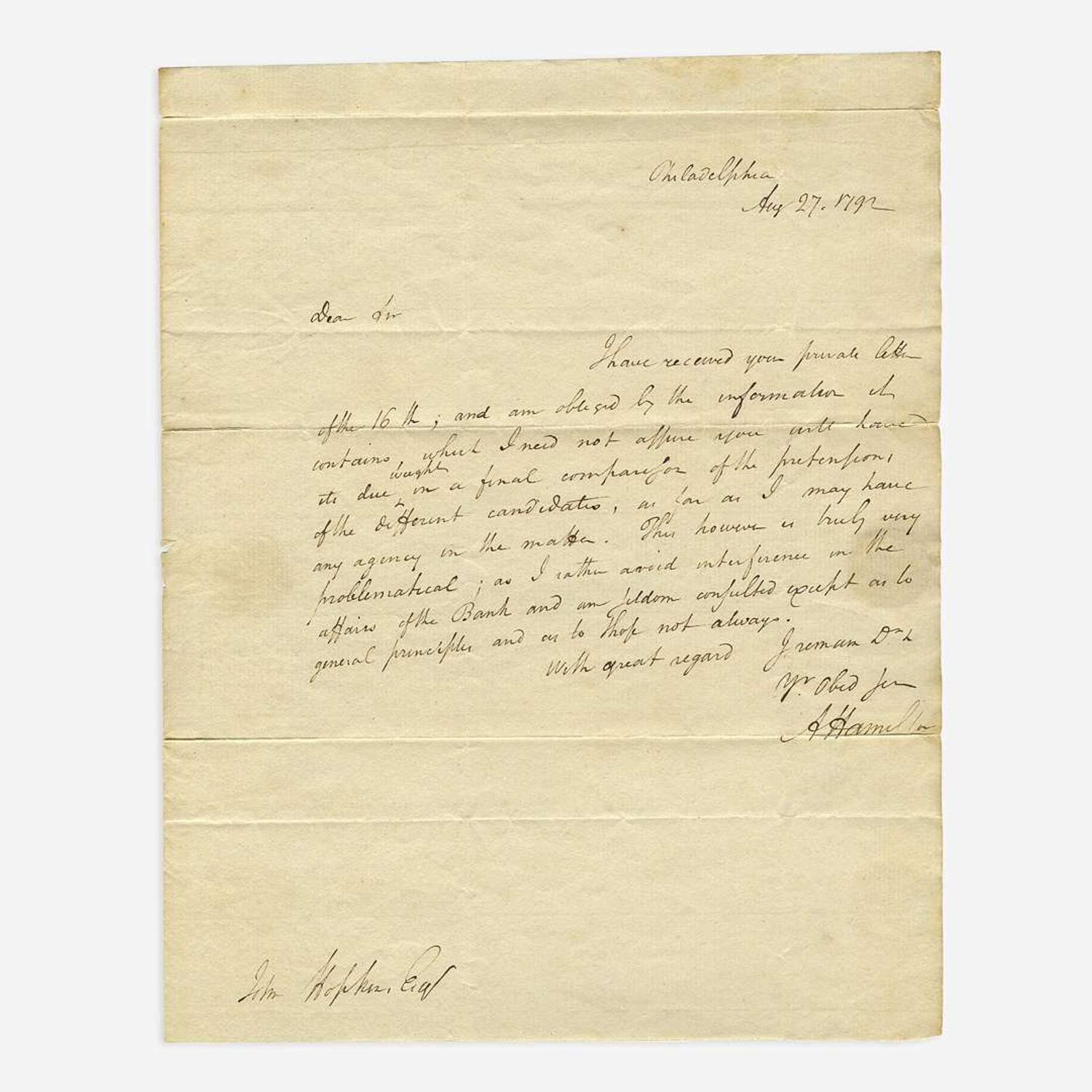 [Hamilton, Alexander] [First Bank of the United States] Autograph Letter, signed