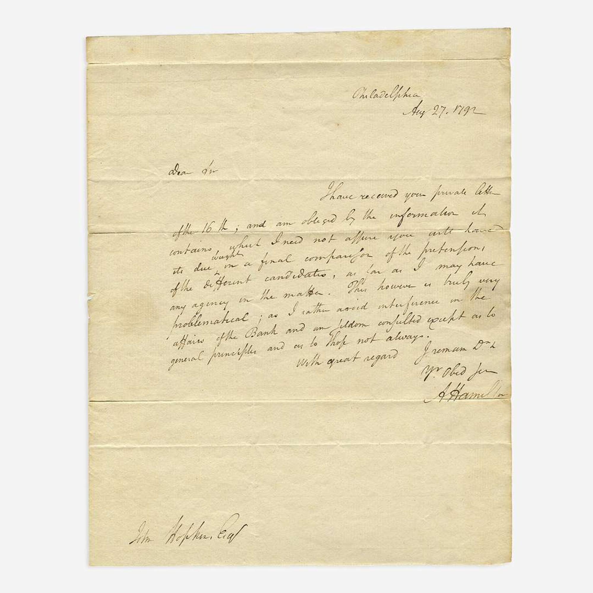 [Hamilton, Alexander] [First Bank of the United States] Autograph Letter, signed