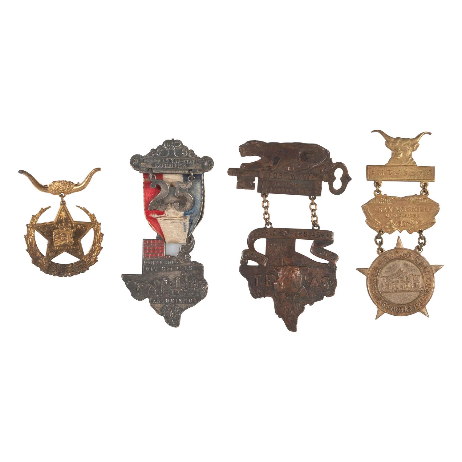 [WESTERN AMERICANA]. A group of 4 Texas pins, incl. from the Texas Cattle Raisers' Association and the Panhandle Old Settlers Association.