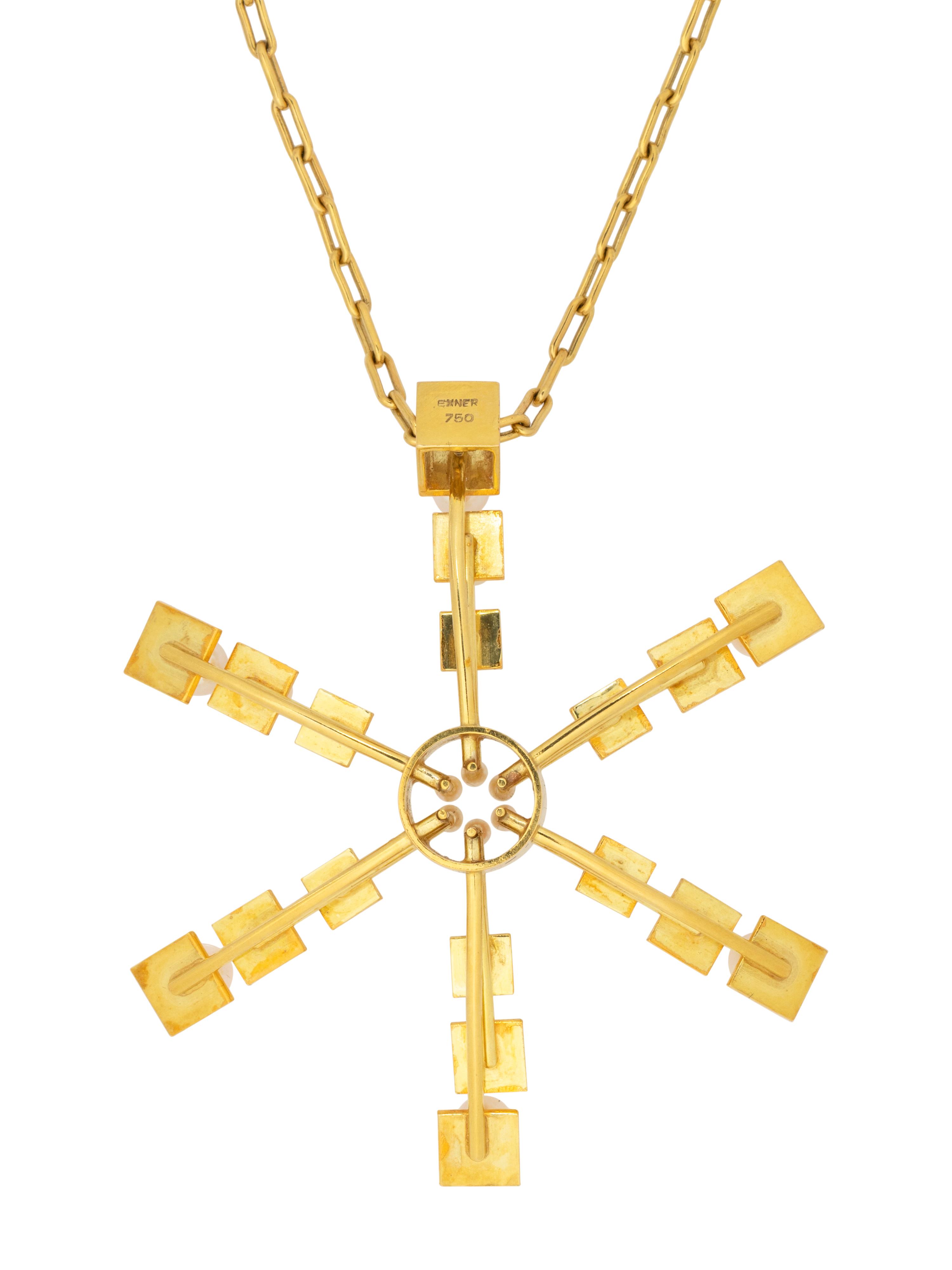 HELGA & BENT EXNER, MODERNIST, YELLOW GOLD AND CULTURED PEARL PENDANT/NECKLACE