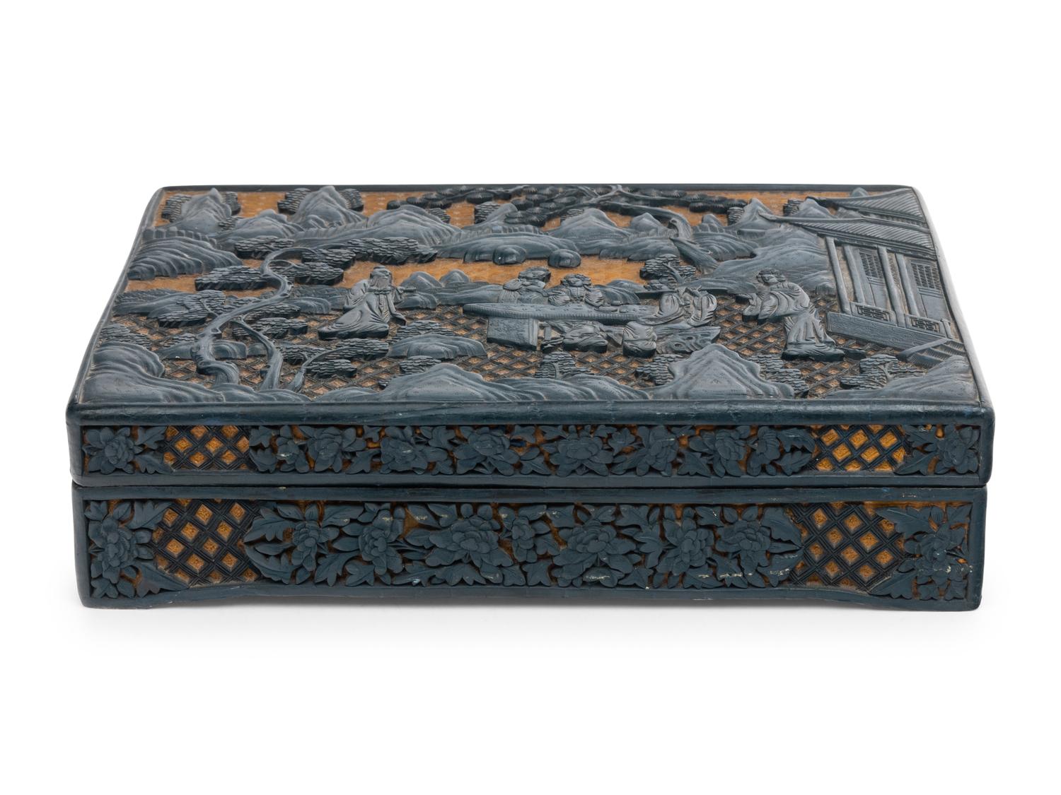 A Chinese Carved Green and Yellow Lacquered Rectangular Box and Cover