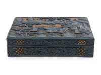 A Chinese Carved Green and Yellow Lacquered Rectangular Box and Cover