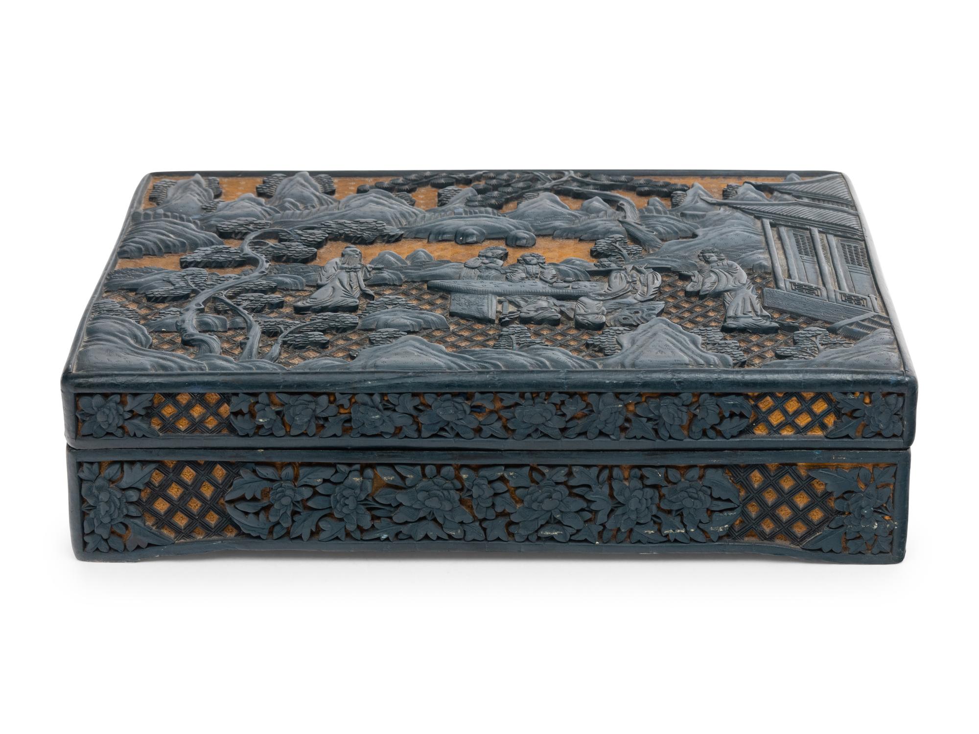 A Chinese Carved Green and Yellow Lacquered Rectangular Box and Cover