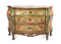 A Venetian Painted Bombe Commode, Height 32 x width 48 x depth 22 1/4 inches.