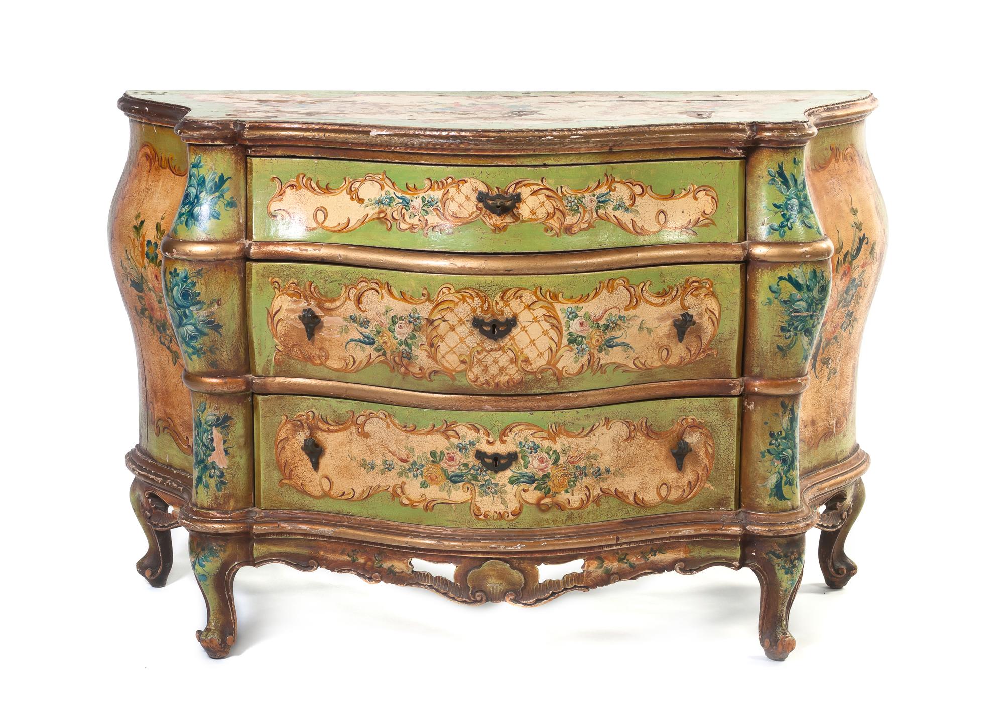 A Venetian Painted Bombe Commode, Height 32 x width 48 x depth 22 1/4 inches.