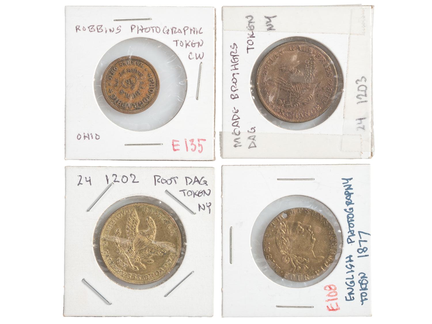 [EARLY PHOTOGRAPHY]. A group of daguerreian tokens incl. Meade Bros., Root & Co., Fitzgibbon, and others.