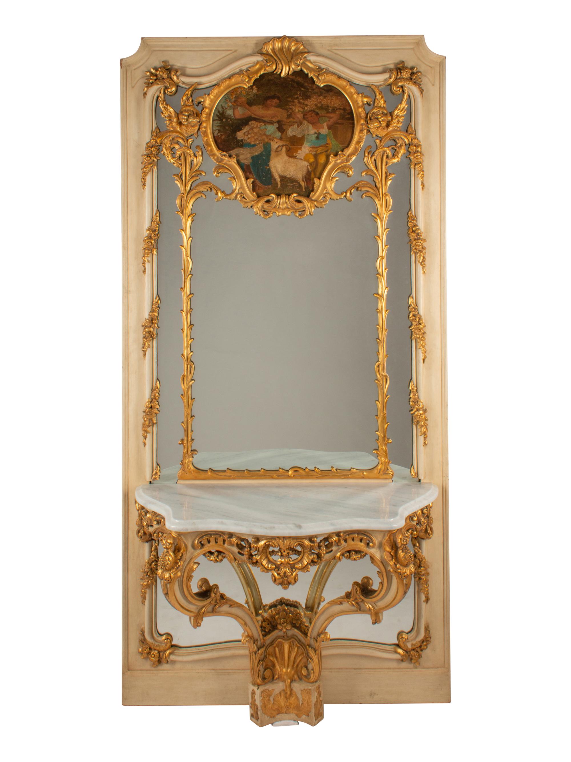 A Pair of Louis XVI Style Painted and Parcel Gilt Marble-Top Console Tables and Trumeau Mirrors