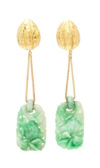A Pair of 18 Karat Yellow Gold and Jade Pendant Earrings, David Webb, 12.00 dwts.
