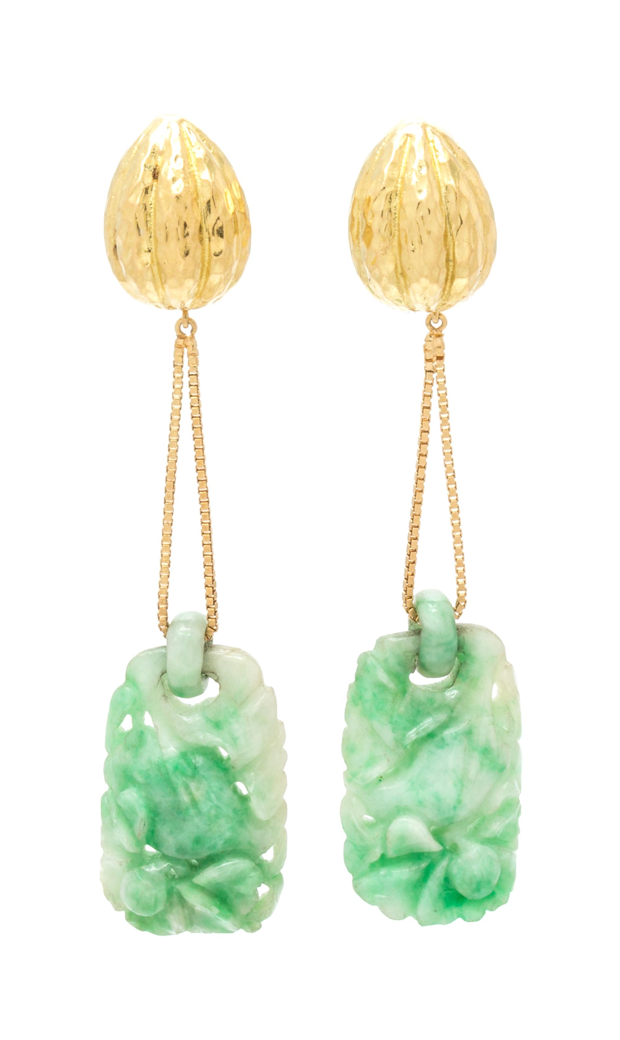 A Pair of 18 Karat Yellow Gold and Jade Pendant Earrings, David Webb, 12.00 dwts.