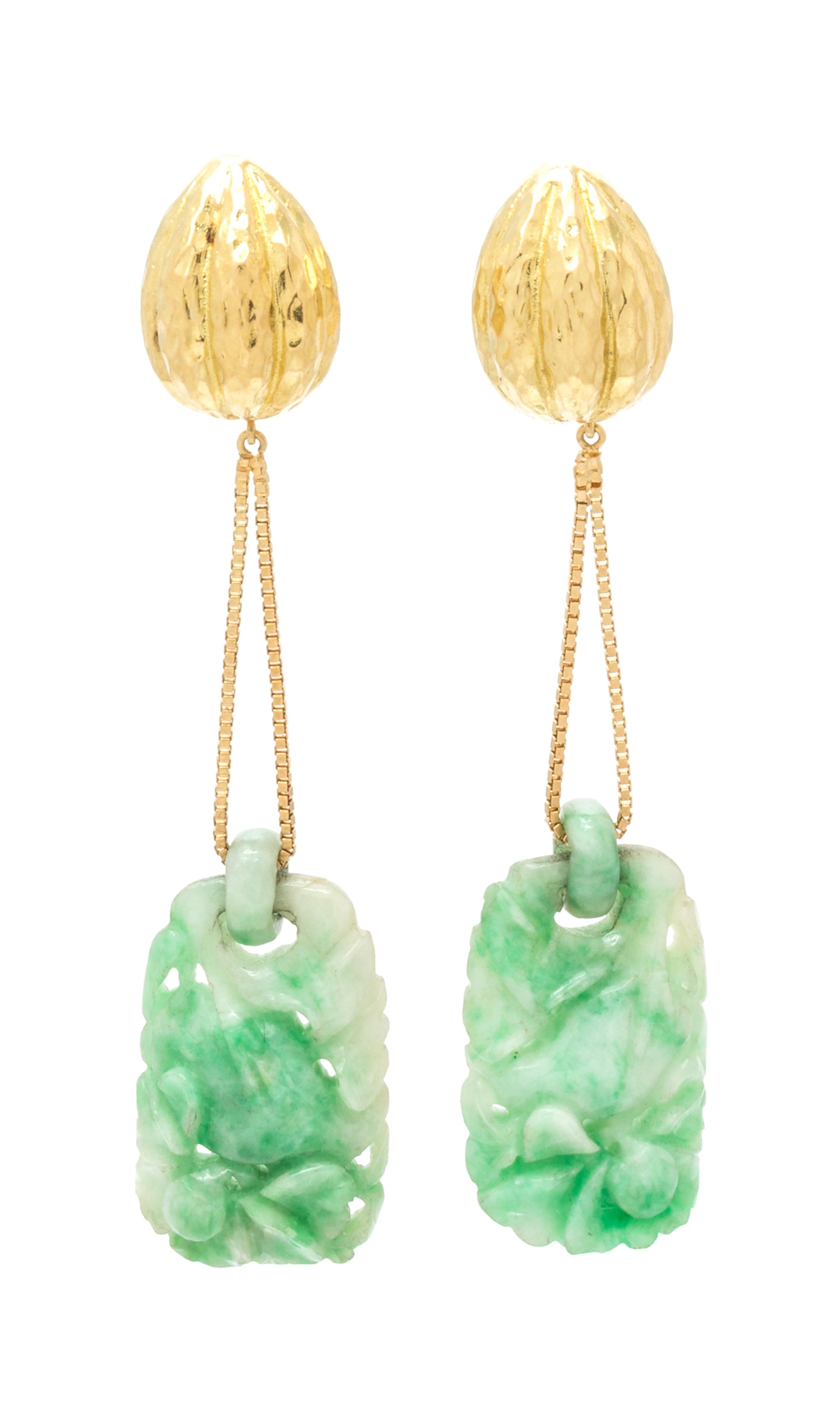 A Pair of 18 Karat Yellow Gold and Jade Pendant Earrings, David Webb, 12.00 dwts.