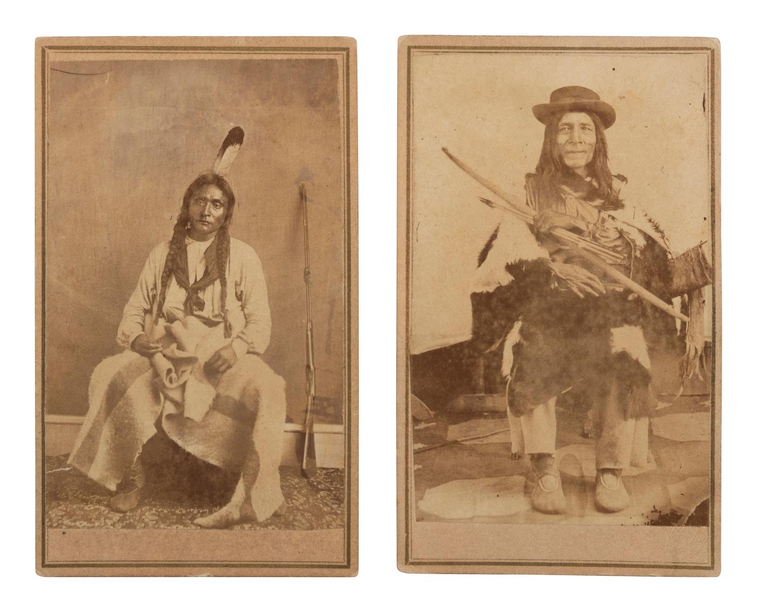 [NATIVE AMERICANS]. NOWACK, Michael, photographer. A group of 2 CDVs of Chippewa Indians posed with weaponry. Minneapolis, MN: Minnehaha Gallery, n.d.