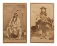 [NATIVE AMERICANS]. NOWACK, Michael, photographer. A group of 2 CDVs of Chippewa Indians posed with weaponry. Minneapolis, MN: Minnehaha Gallery, n.d.