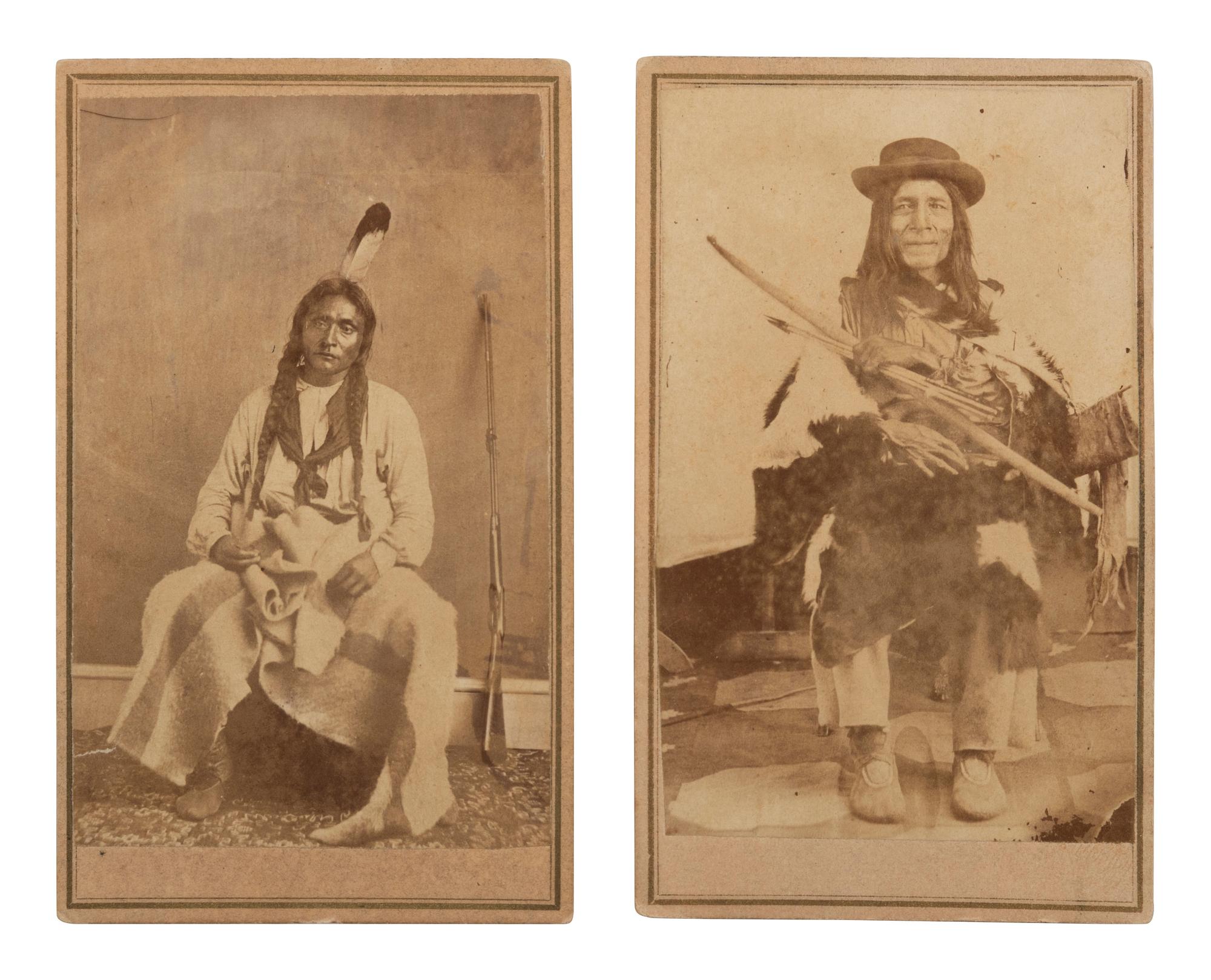 [NATIVE AMERICANS]. NOWACK, Michael, photographer. A group of 2 CDVs of Chippewa Indians posed with weaponry. Minneapolis, MN: Minnehaha Gallery, n.d.