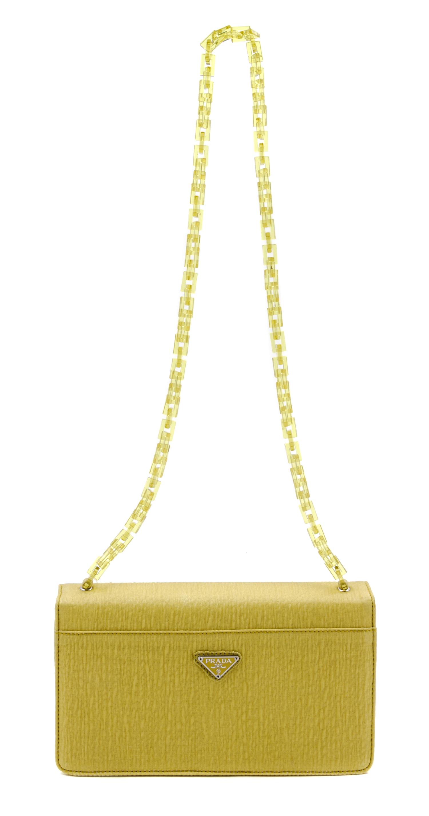 A Prada Chartreuse Textile Evening Bag, 9 1/2 x 5 x 3 inches.