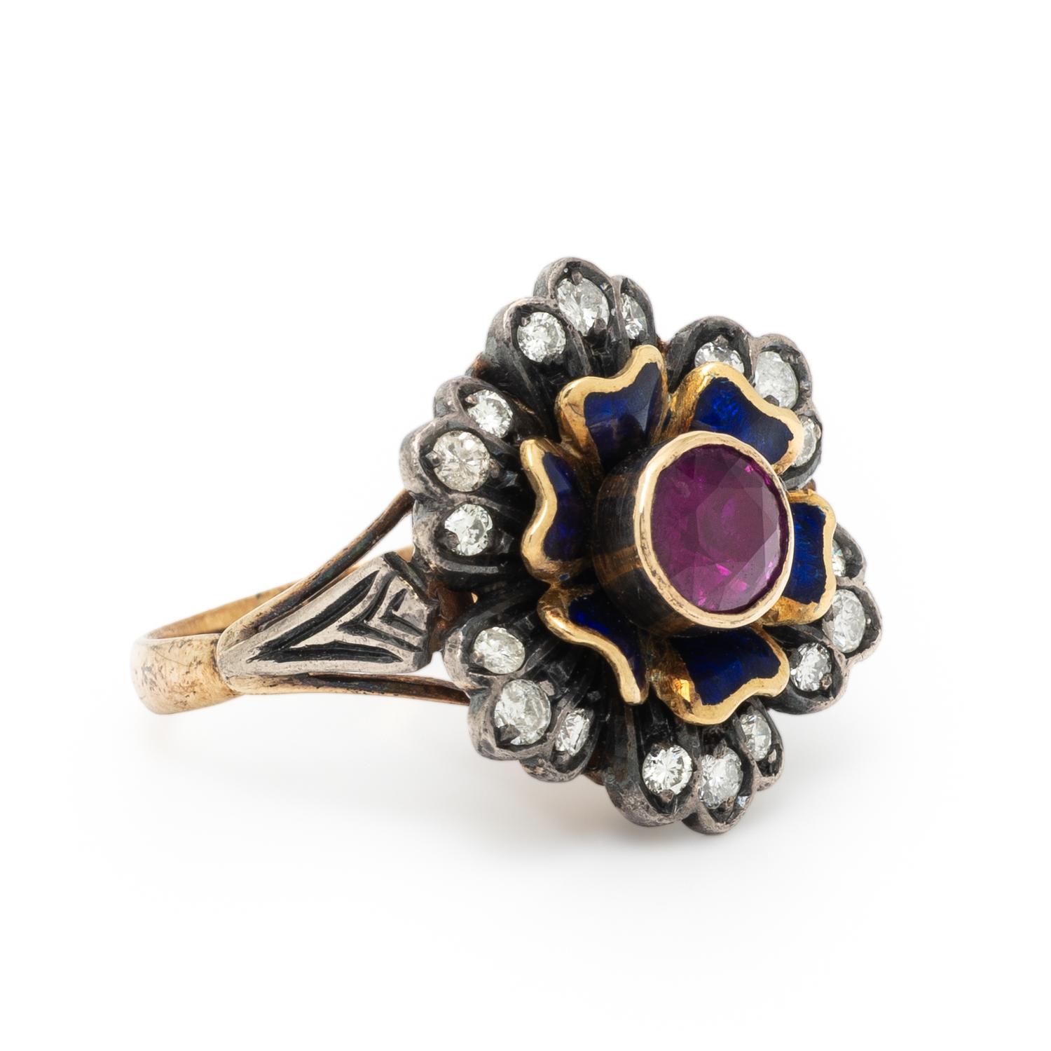 PINK SAPPHIRE, DIAMOND, AND ENAMEL FLOWER RING