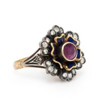 PINK SAPPHIRE, DIAMOND, AND ENAMEL FLOWER RING