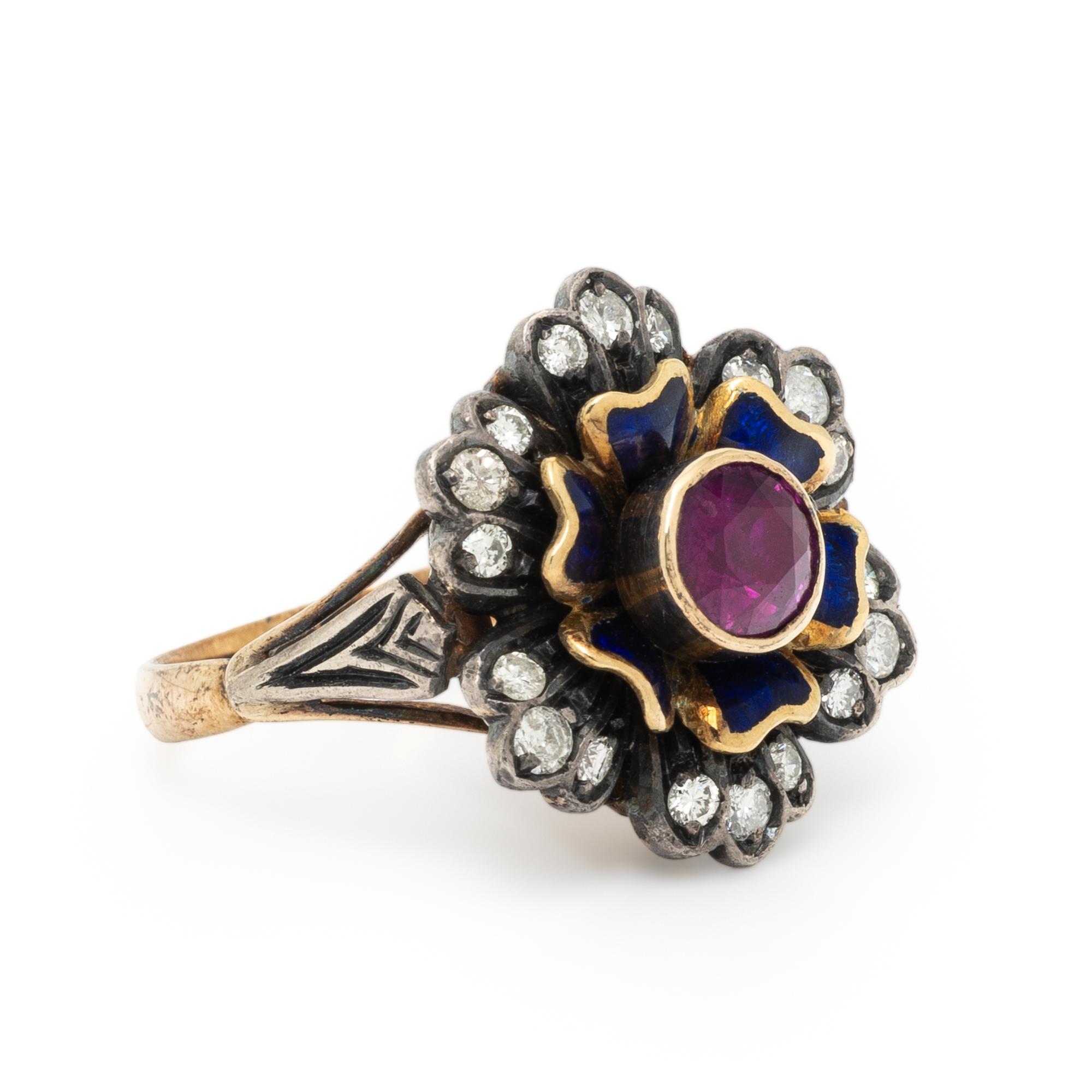 PINK SAPPHIRE, DIAMOND, AND ENAMEL FLOWER RING