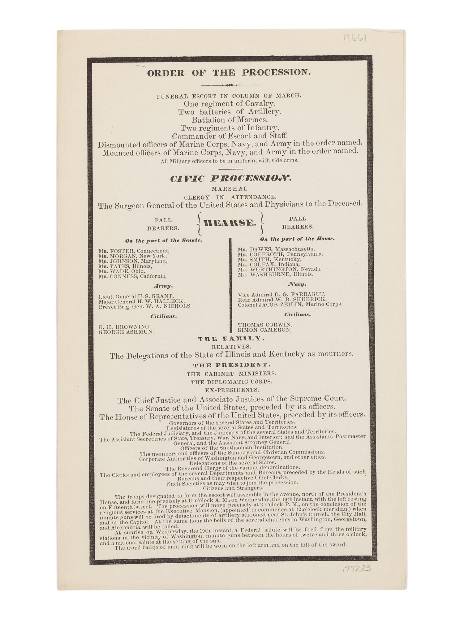 [LINCOLN'S FUNERAL]. Order of the Procession . [Washington D.C., 19 April 1865].