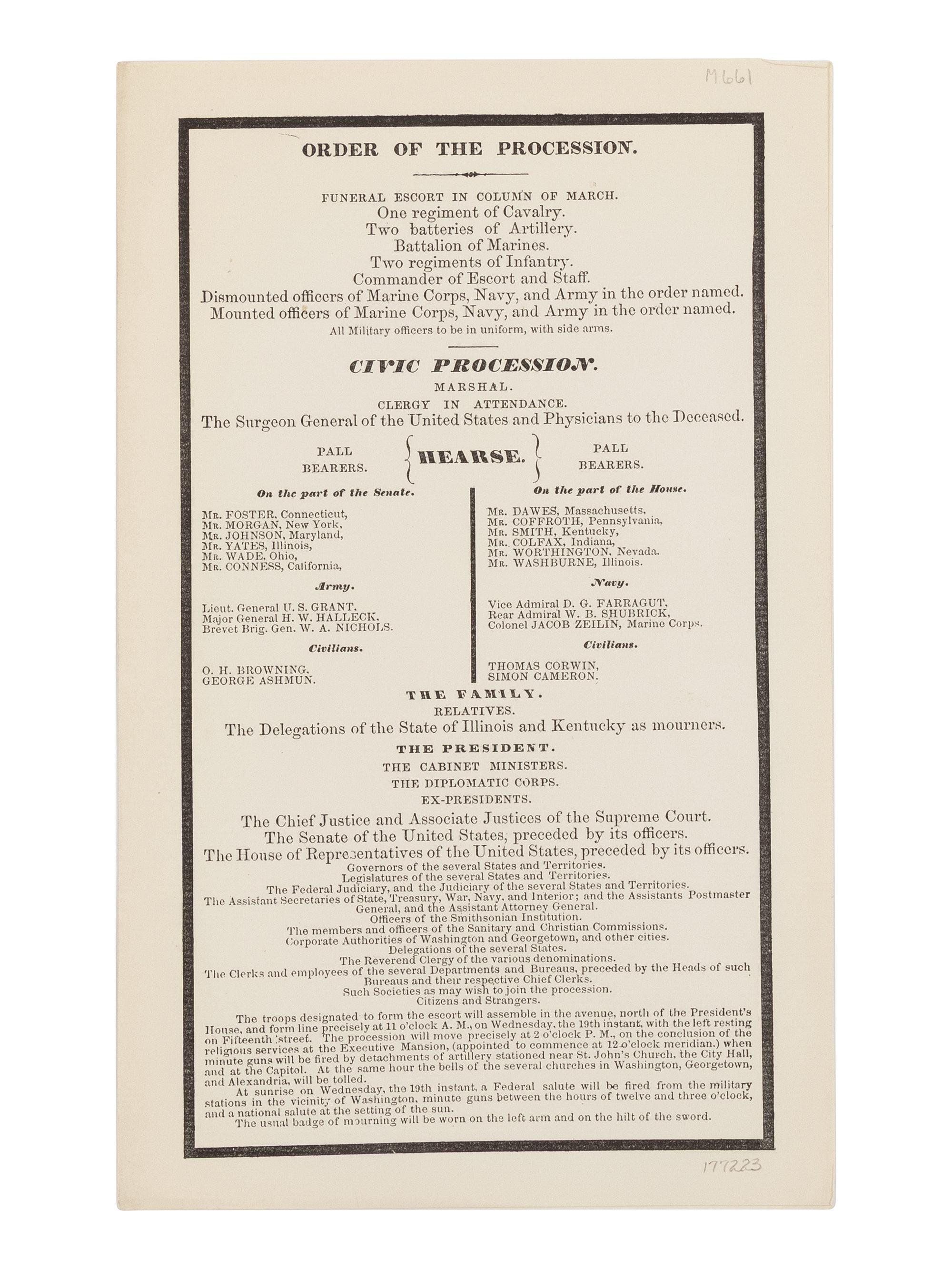 [LINCOLN'S FUNERAL]. Order of the Procession . [Washington D.C., 19 April 1865].