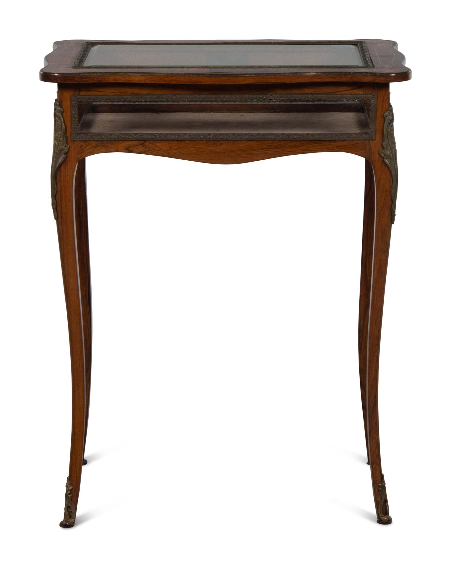 A Louis XV Style Gilt Metal Mounted Rosewood and Marquetry Vitrine Table