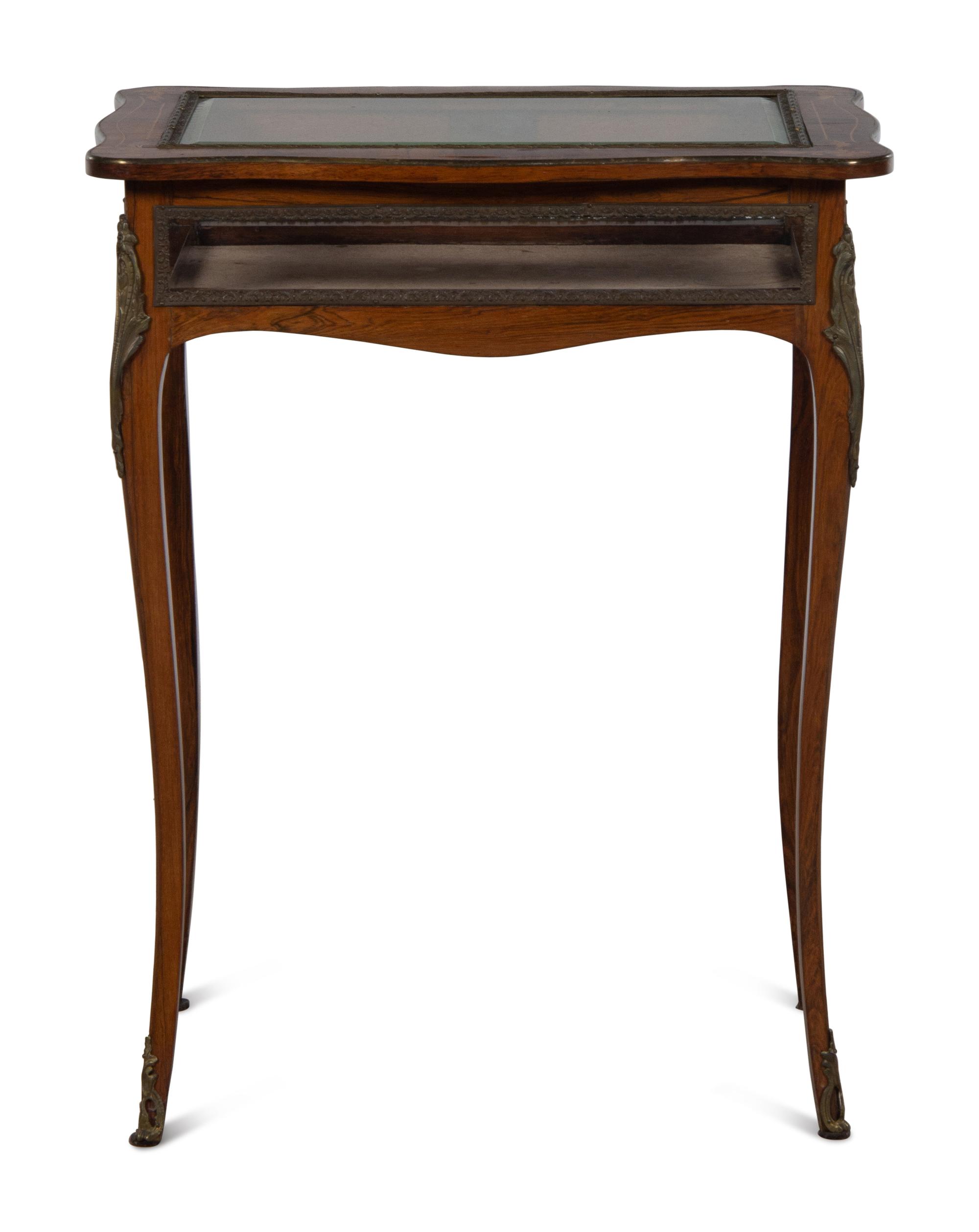 A Louis XV Style Gilt Metal Mounted Rosewood and Marquetry Vitrine Table