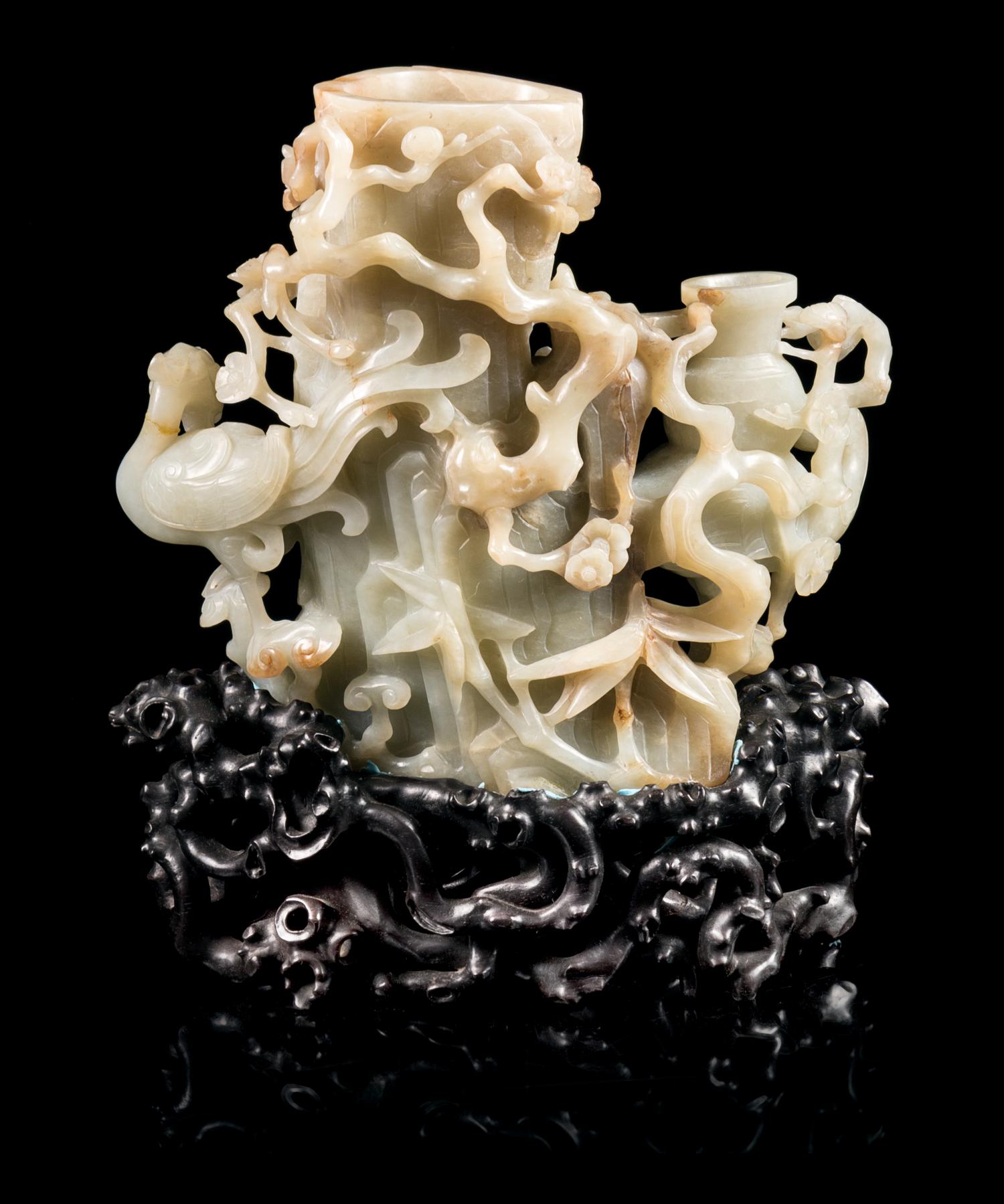 A Russet and Celadon Jade Double Vase Height 6 3/4 inches. — 19TH/20TH CENTURY