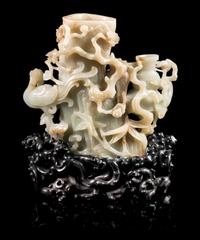 A Russet and Celadon Jade Double Vase Height 6 3/4 inches. — 19TH/20TH CENTURY