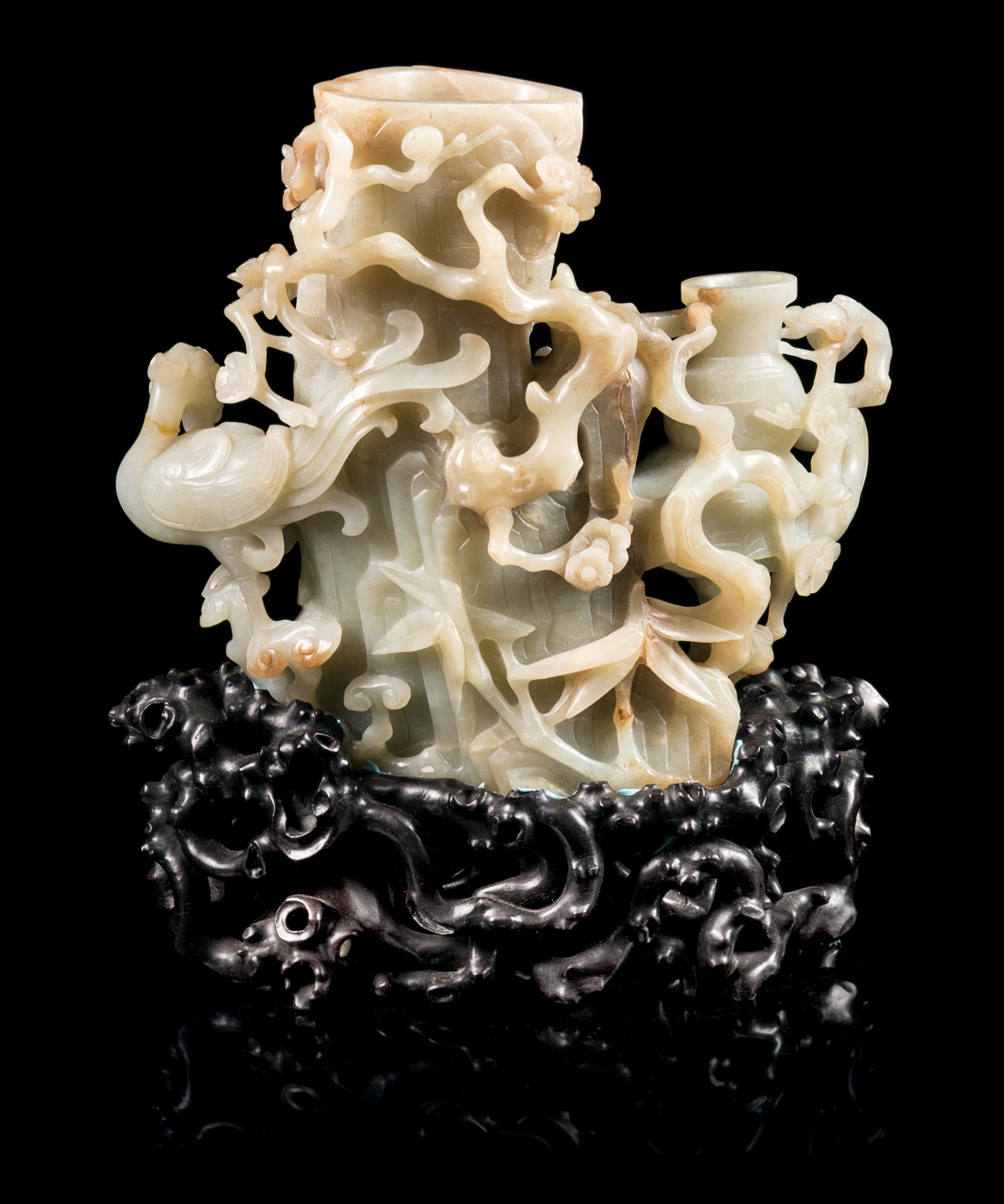 A Russet and Celadon Jade Double Vase Height 6 3/4 inches. — 19TH/20TH CENTURY