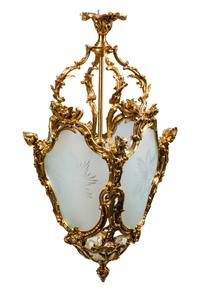 A Pair of Louis XV Style Gilt Bronze and Etched Glass Hall Lanterns