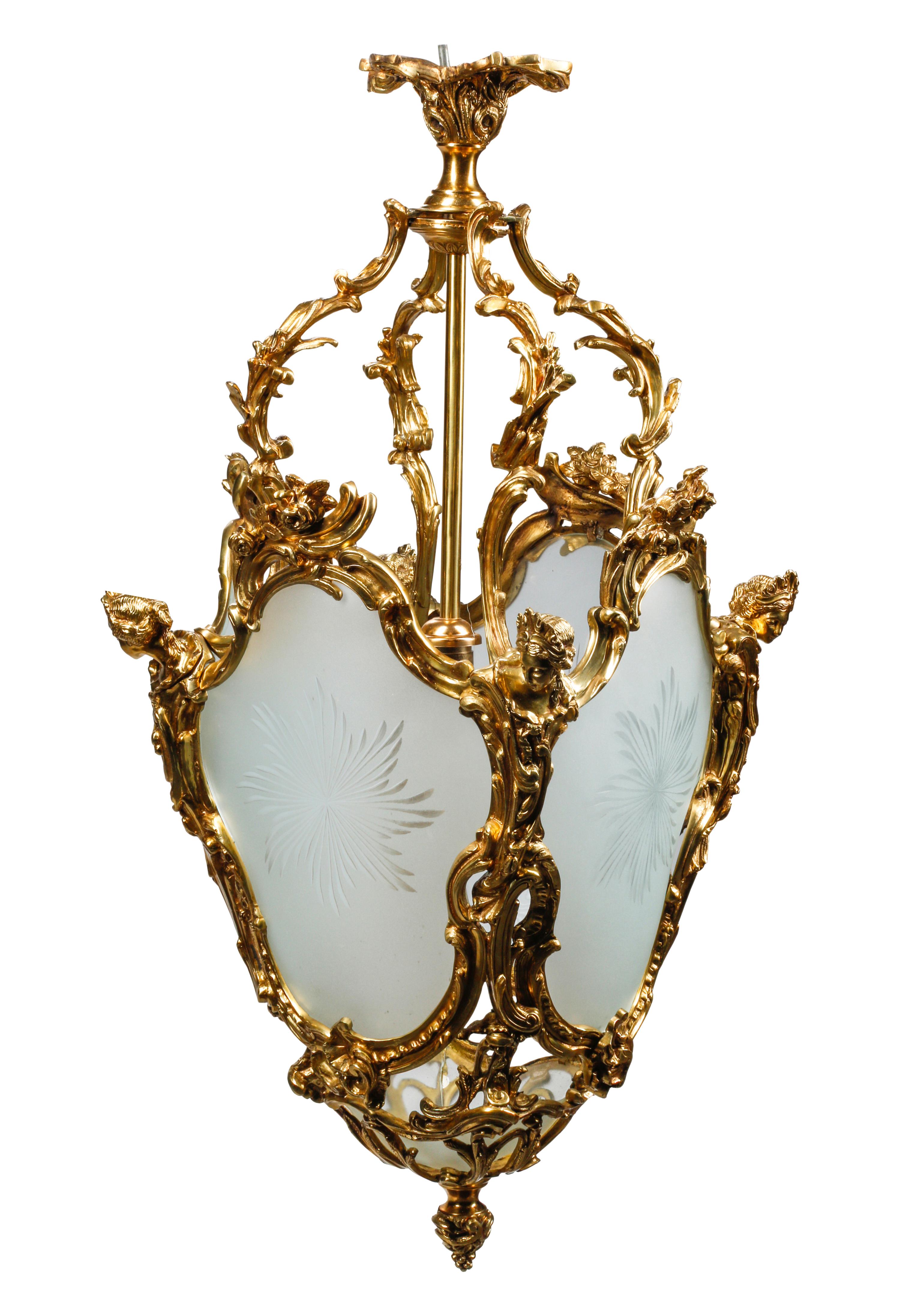 A Pair of Louis XV Style Gilt Bronze and Etched Glass Hall Lanterns