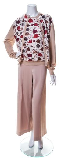 A Ferragamo Beige Wool Cardigan and Pant Ensemble, Sweater XL, pant size 14.