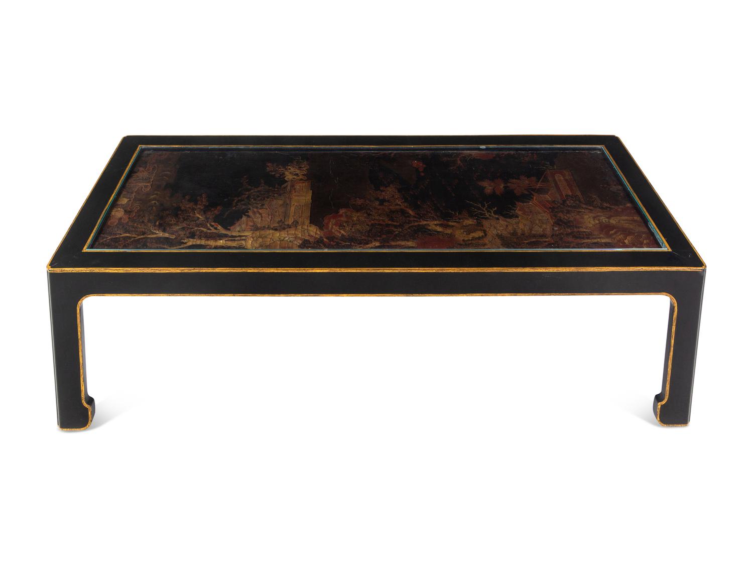 A Chinese Export Black and Gold Lacquer Panel-Inset Low Table