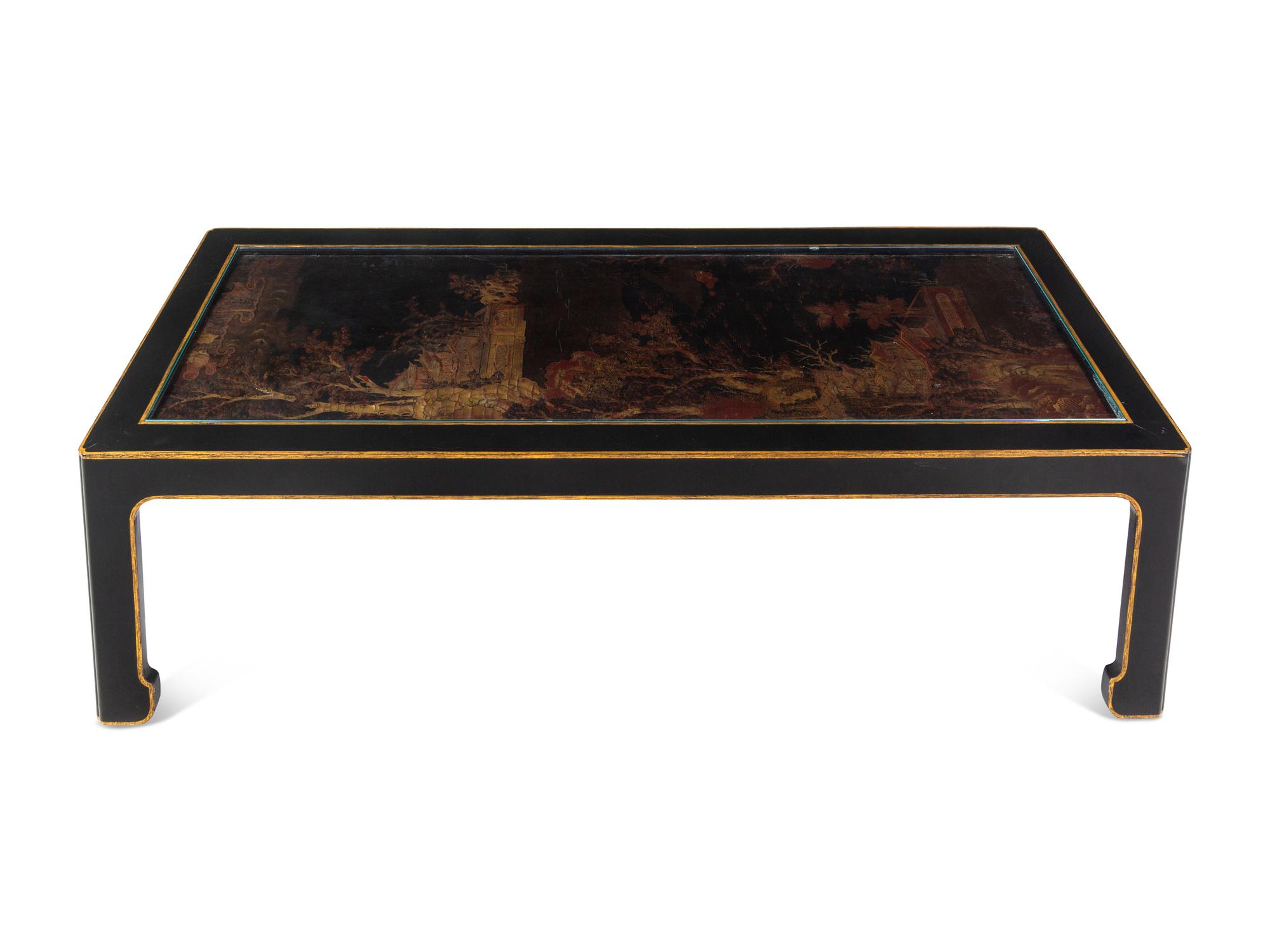 A Chinese Export Black and Gold Lacquer Panel-Inset Low Table