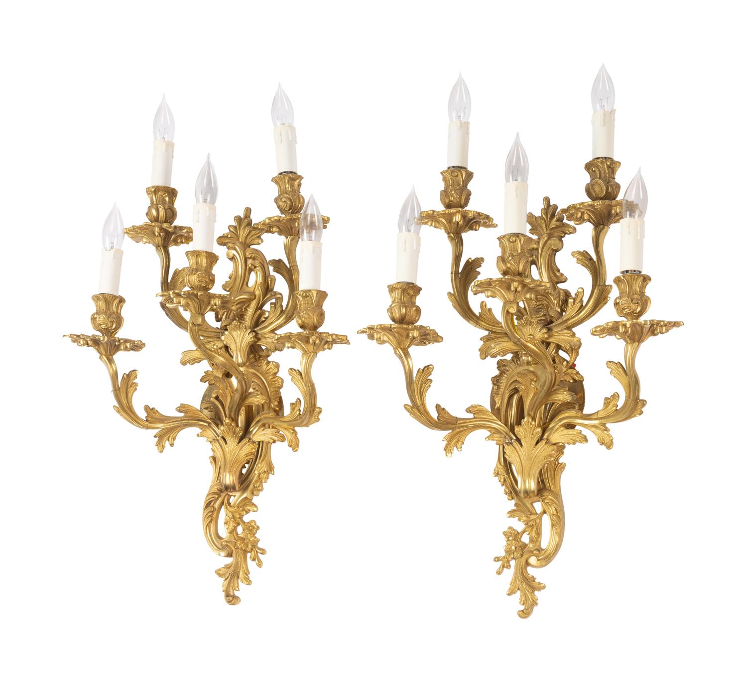 A Pair of Louis XV Style Gilt Metal Five-Light Sconces