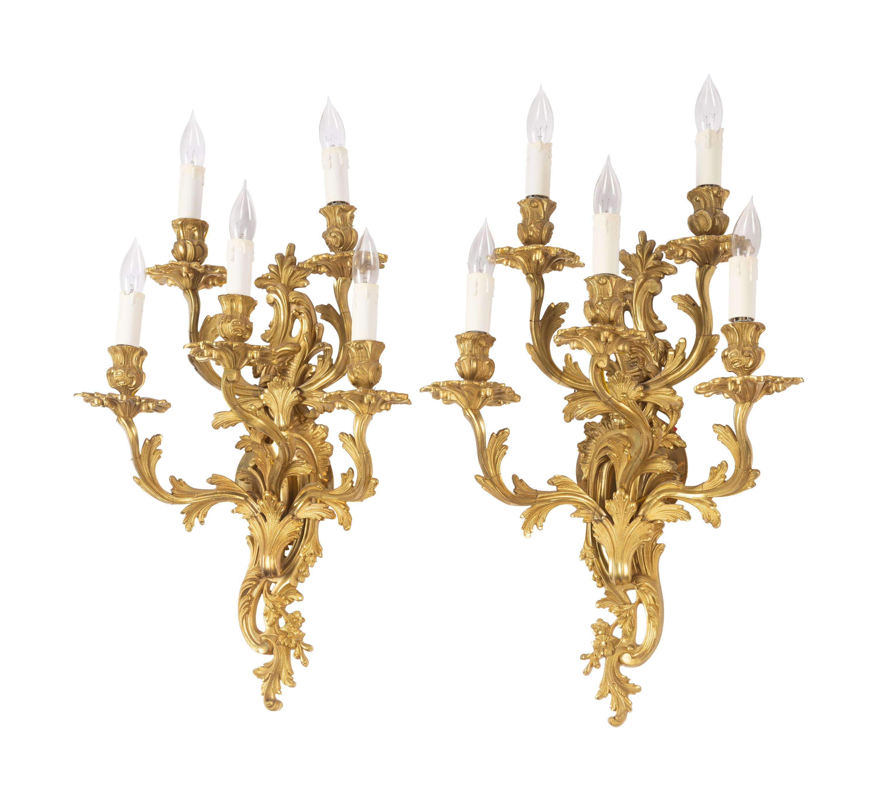 A Pair of Louis XV Style Gilt Metal Five-Light Sconces