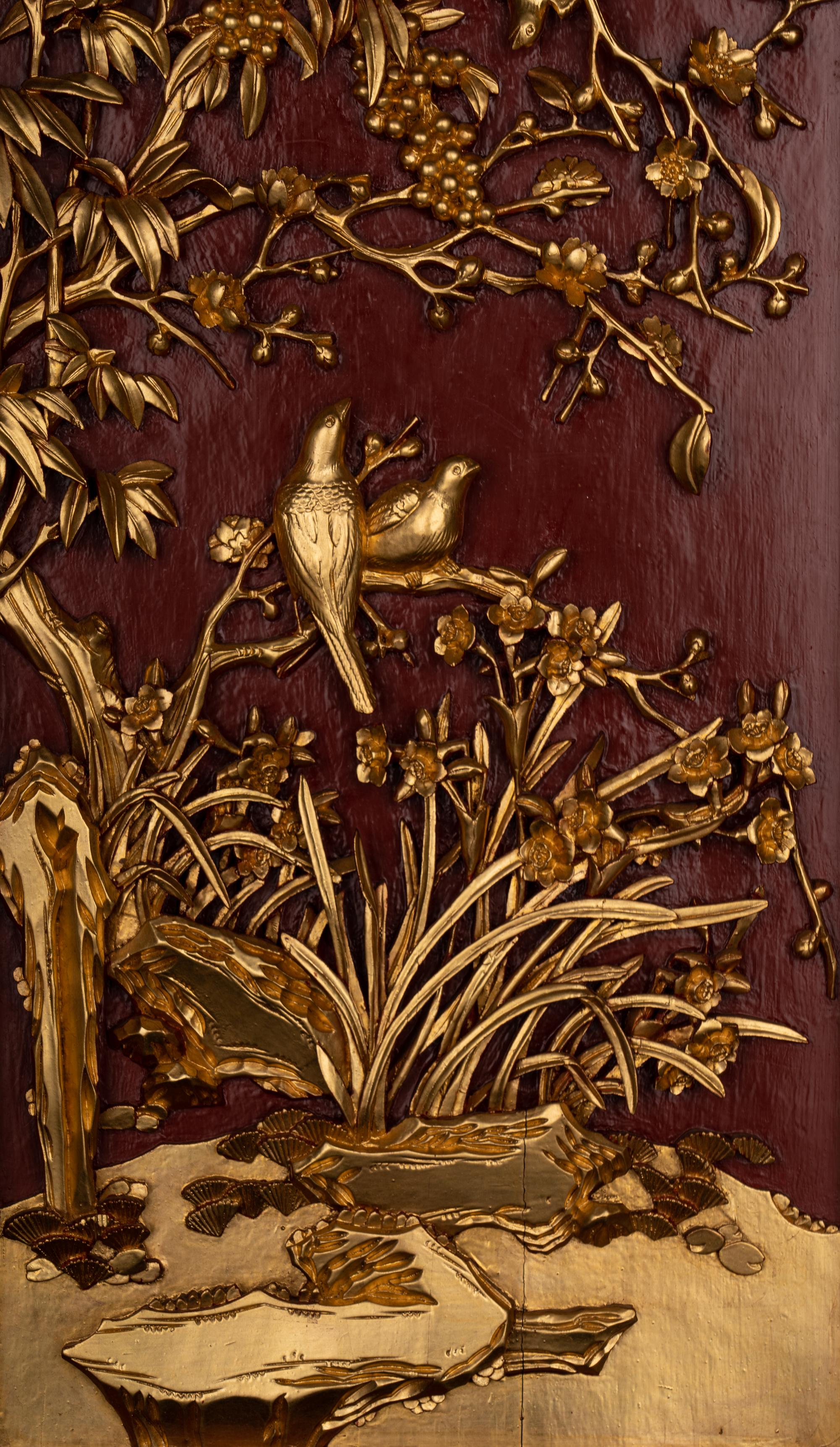 A Pair of Chinese Gilt and Red Lacquered Wood Wall Panels