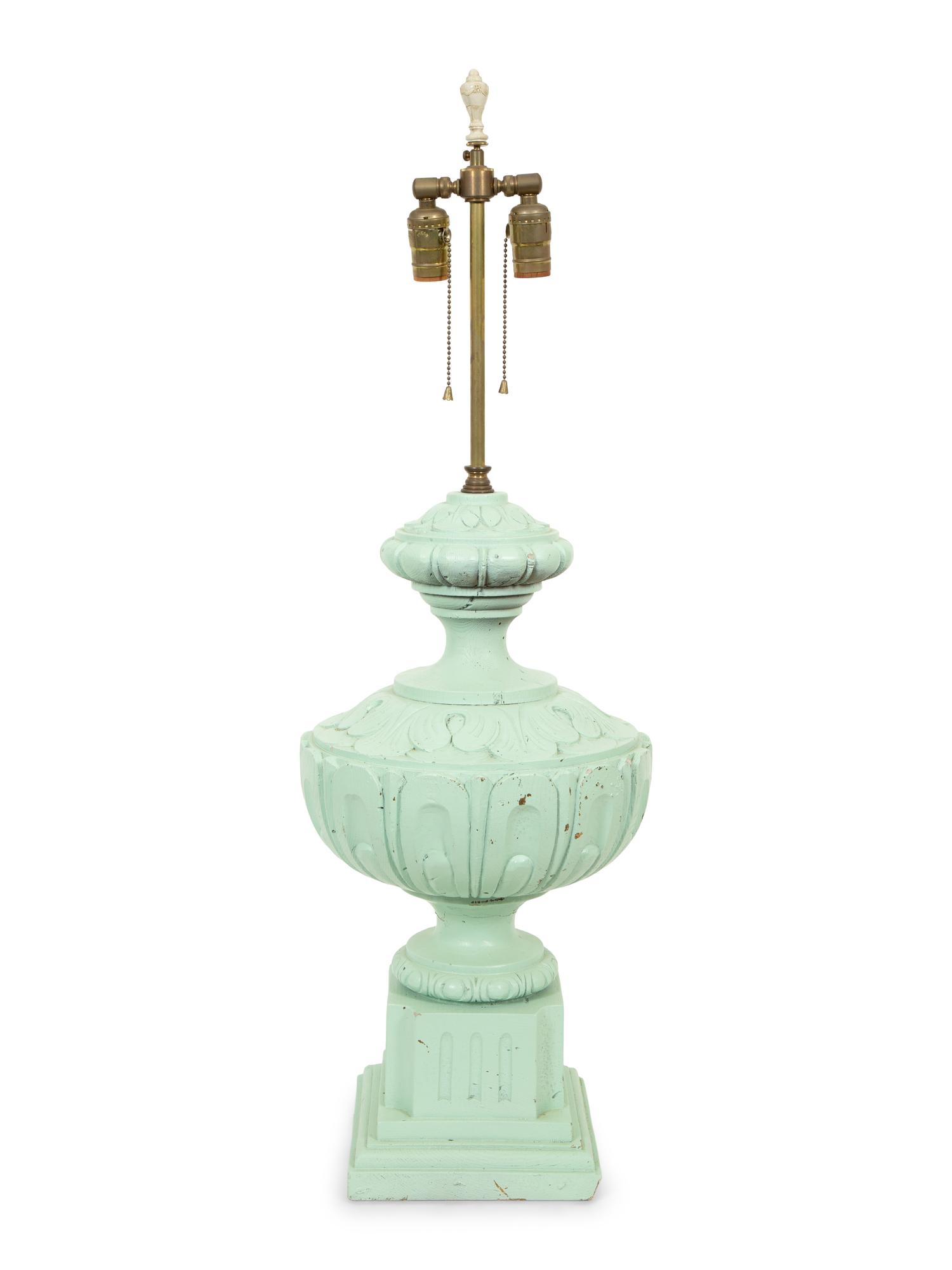 A Green-Painted Ceramic Finial Mounted as a Lamp