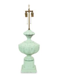 A Green-Painted Ceramic Finial Mounted as a Lamp