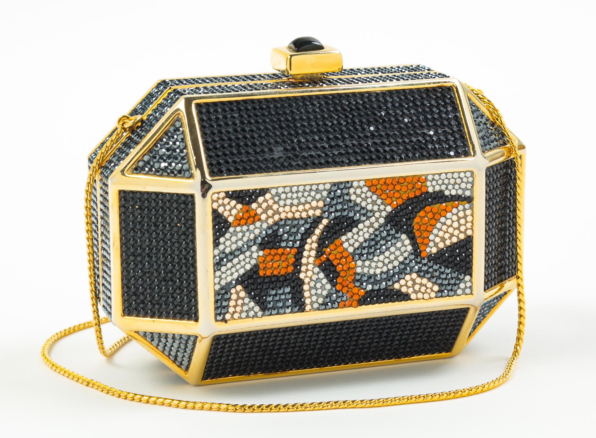 A Judith Leiber Black Crystal Geometric Clutch, 6" x 4.5" x 3.5".