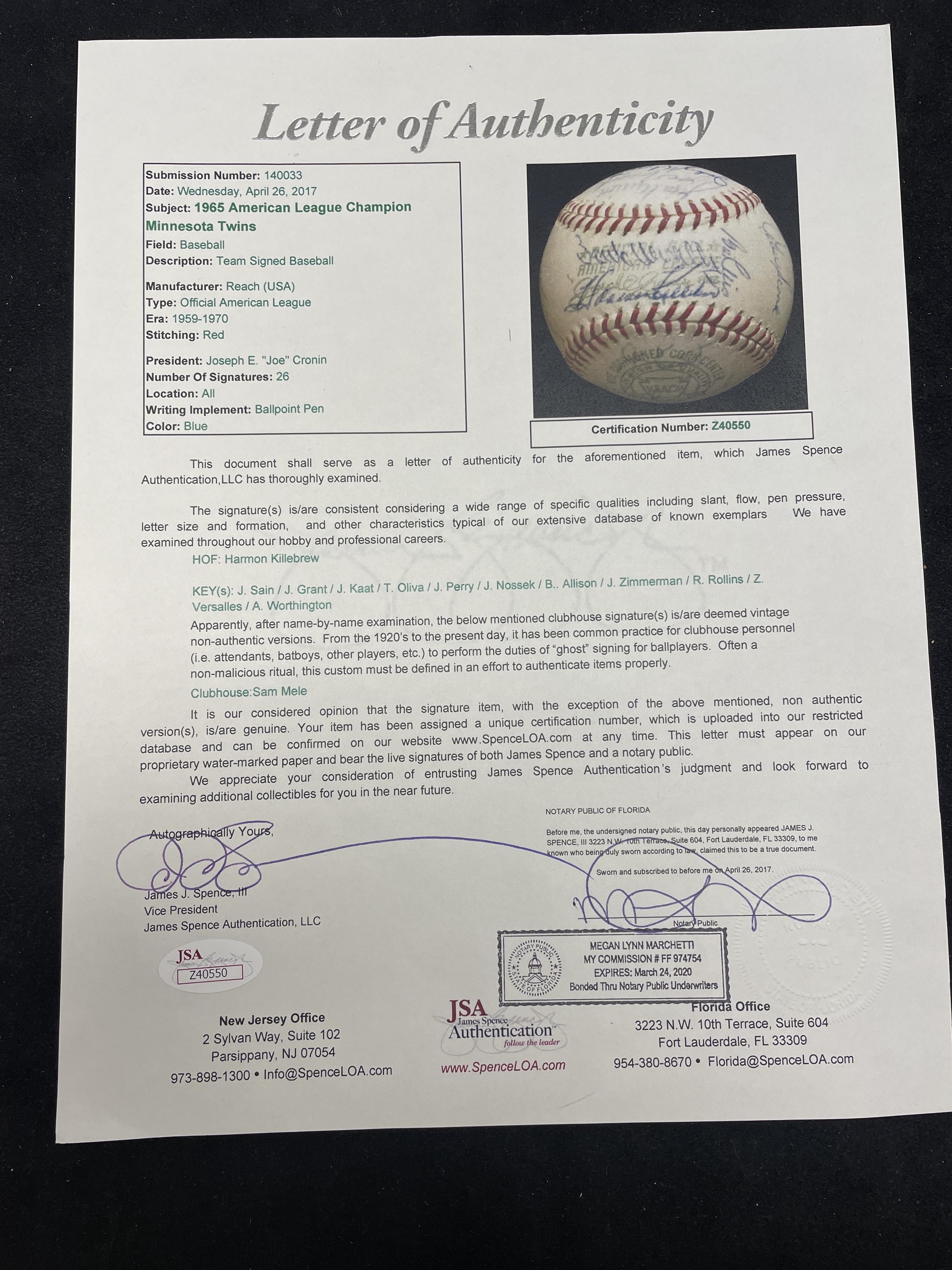 A 1965 Minnesota Twins Team Signed Autograph Baseball Including Harmon Killebrew (JSA Letter of Authenticity),