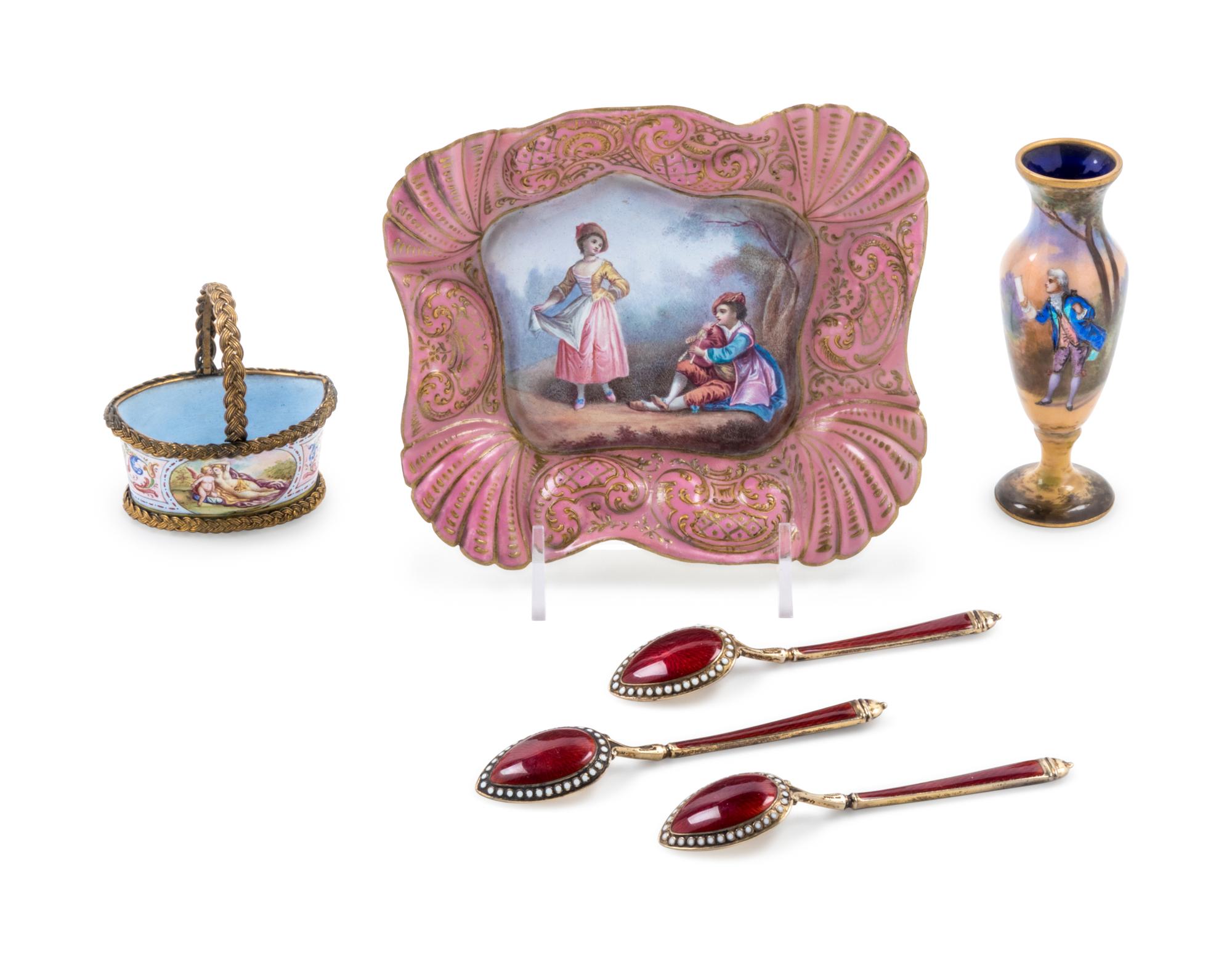 Six Continental Enamel Decorated Articles