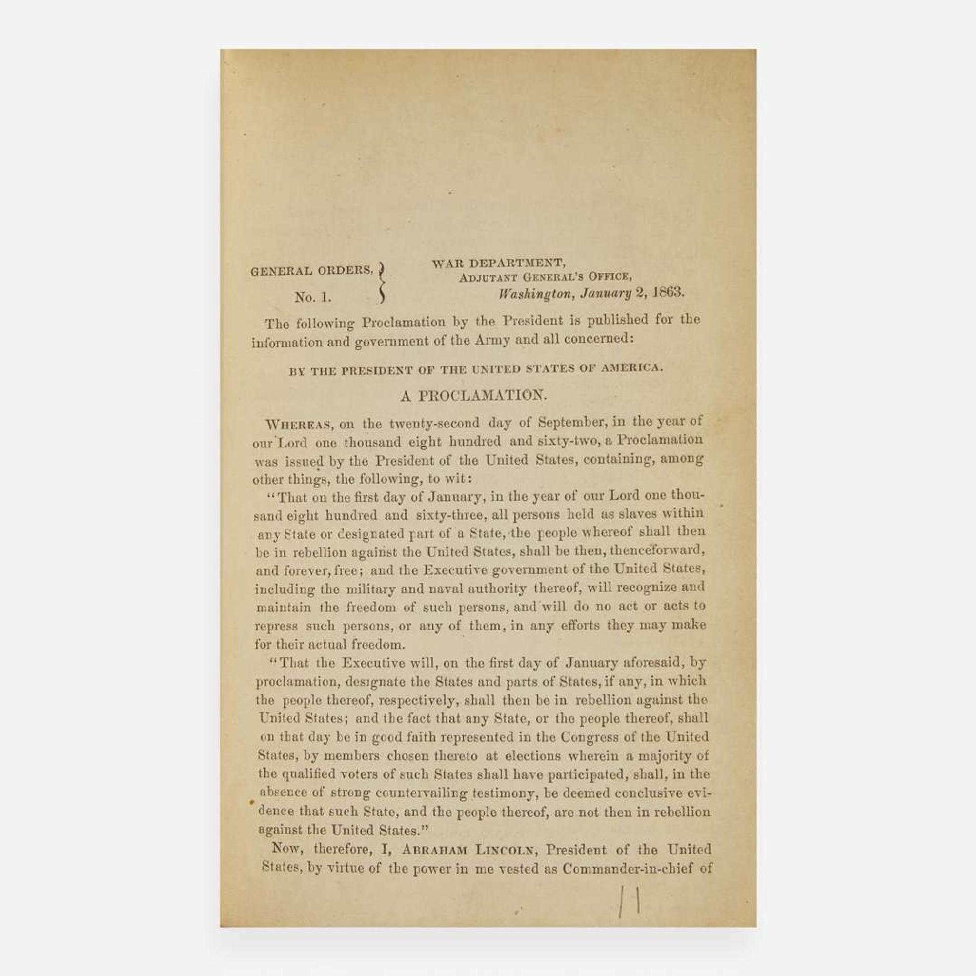 [Americana] [Civil War] [Emancipation Proclamation] Collection of War Department General Orders, Nos. 1-235