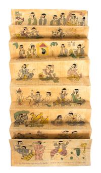 A Southeast Asian Hand Painted Accordian Book Length 15 1/2 inches. — 20TH CENTURY